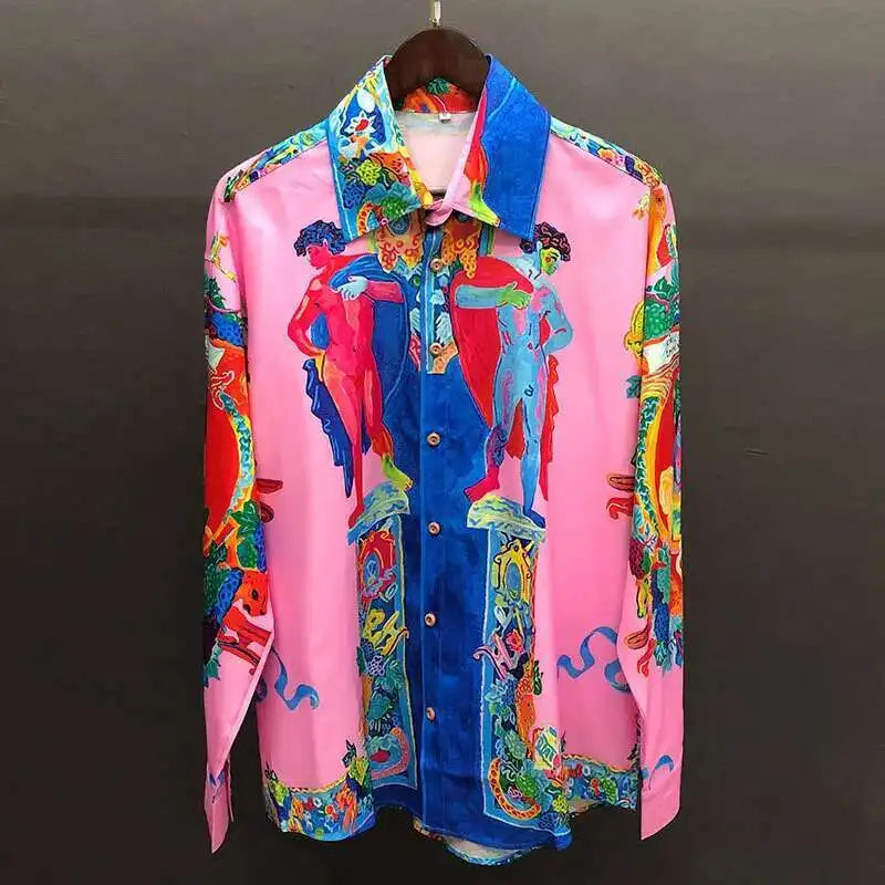 Bohemian Holiday  Print Shirt For Men 2022 Fall Portrait Print Shirt Fashion Long Sleeve Hip Hop Party Stagewear Social Shirt