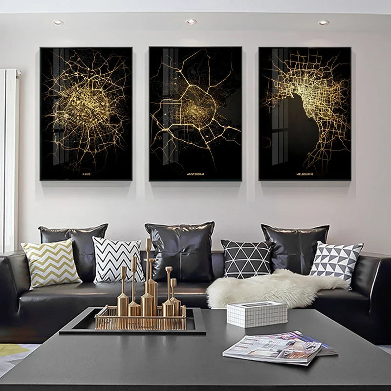 Classic Abstract Wall Art – Black and Gold World City Map HD Canvas Print Poster for Home, Living Room, and Bedroom Decor