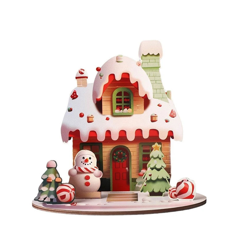 Decorative Christmas Cartoon House, Wooden DIY Assembly; Child's Painted Ornament, New Year Gift