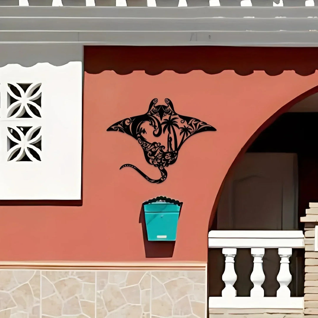 Coastal Charm Metal Manta Ray Wall Art - Beach-Themed Decor With Surfboard, Waves, Iron Art, Wall decoration, Wall Sticker