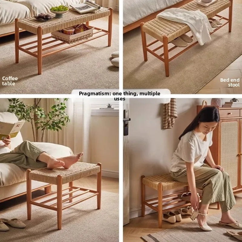 Minimalist  Wood Woven Shoe Bench, Entryway Storage Stool, Long Footrest for Bedroom or Living Room, Durable Sofa Side Stool