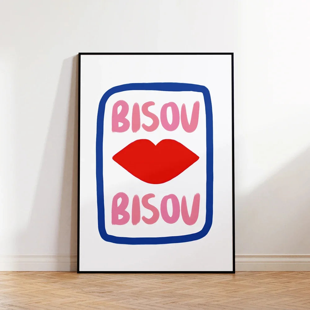 Maximalist Eclectic Pink French Quotes Bisou Bisou Bonjour Bonne Nuit Wall Art Canvas Painting Posters Living Room Home Decor