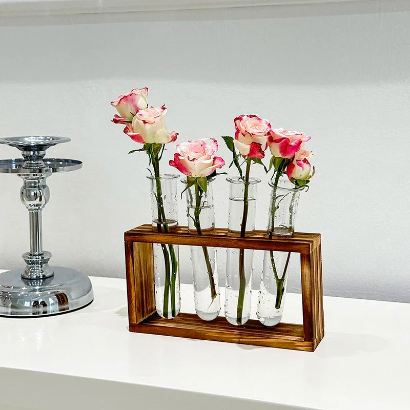 Plant Test Tube Hydroponic Vase Water-grown Flower Arrangement Plant Container Simple Wooden Frame Decors Creative Glass Vases