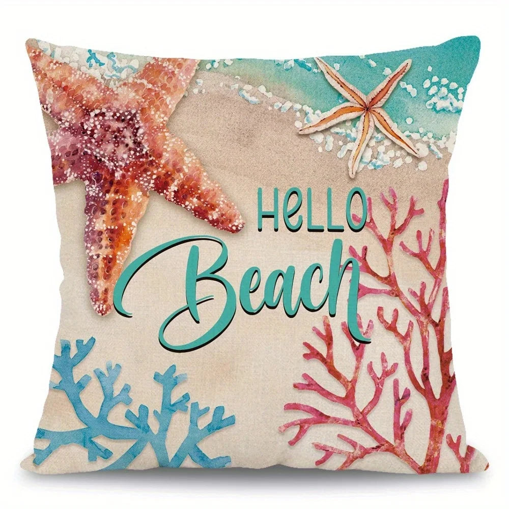 Home Decor Hello Beach Starfish Floral Throw Pillow Covers Pattern Cushion Cover Suitable For Sofa Bedroom Car Pillow Cover