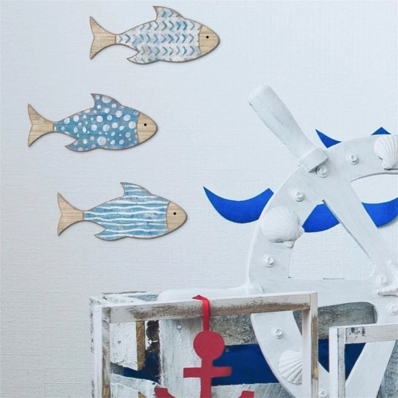 Coastal Wooden Fish Wall Decors Set of 3 For Coastal Interior Hanging Ornaments