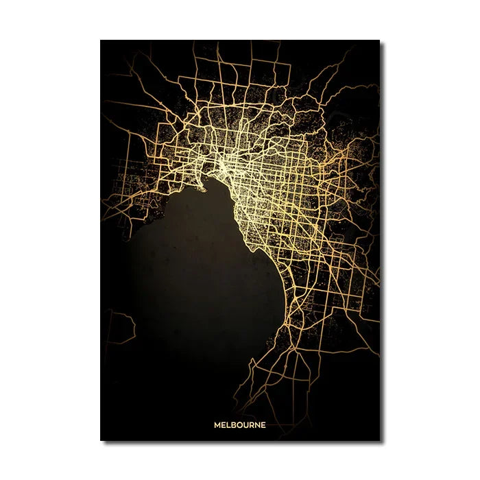 Classic Abstract Wall Art – Black and Gold World City Map HD Canvas Print Poster for Home, Living Room, and Bedroom Decor