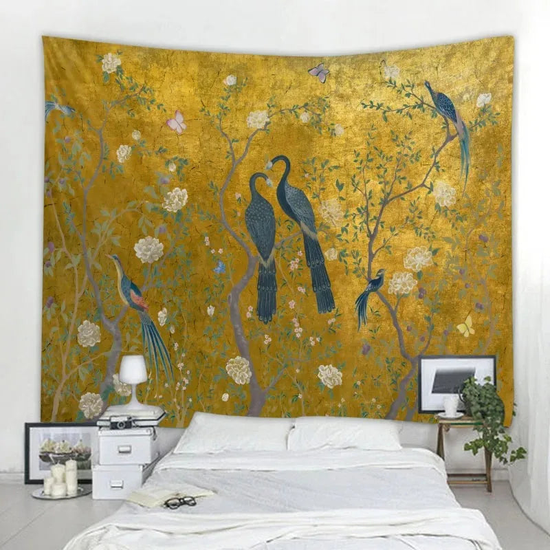Bohemian home dormitory aesthetic wall decoration plant flower and bird tapestry simple Nordic style wall hanging cloth hippie