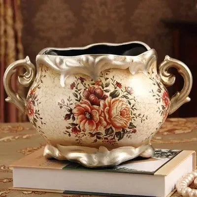 European Palace Gold Flower Vase Centerpiece Ornaments Home Furnishing Decoration Crafts Livingroom Dining Room Retro Vase