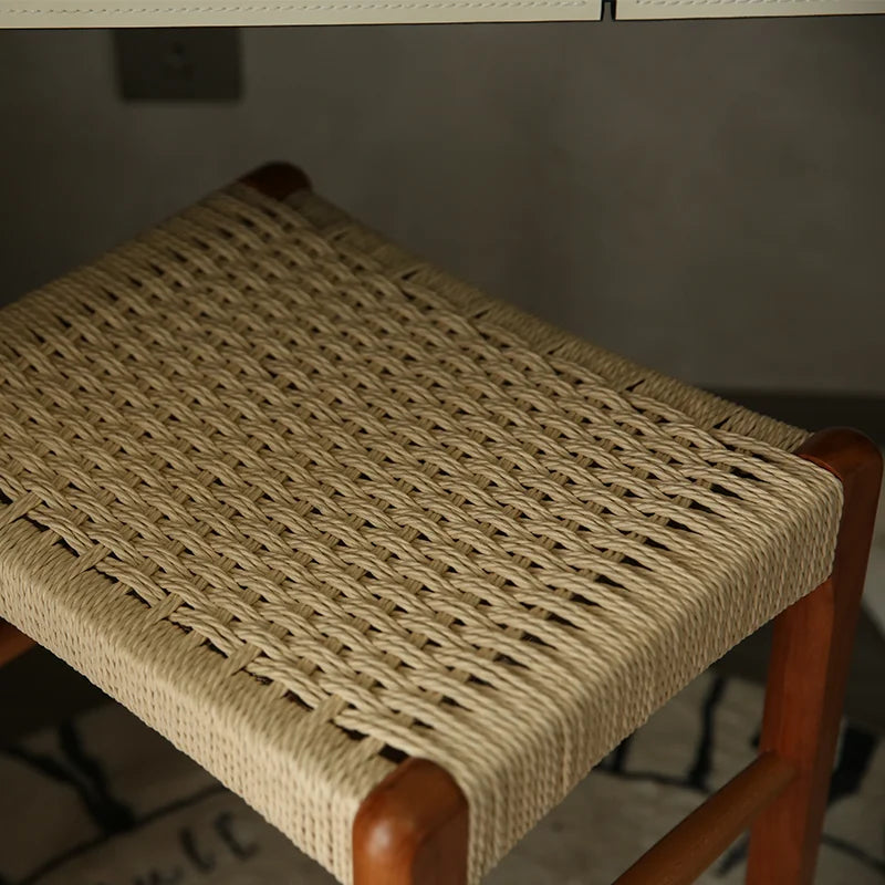 Vintage Woven Dressing Stool, Home Cherry Wood Sofa Side Table, Entryway Shoe Bench, Retro Solid Wood Square Stool