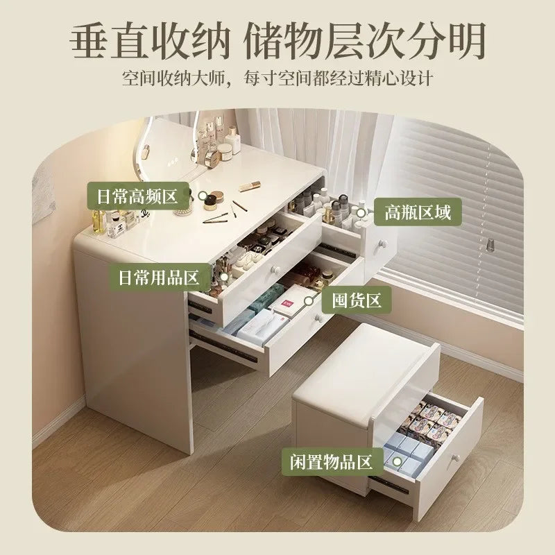 Modern 3 in 1 Makeup with Mirror and Light Makeup Vanity with Storage Makeup Table with 2 Drawers and Upholstered Stool Cabient