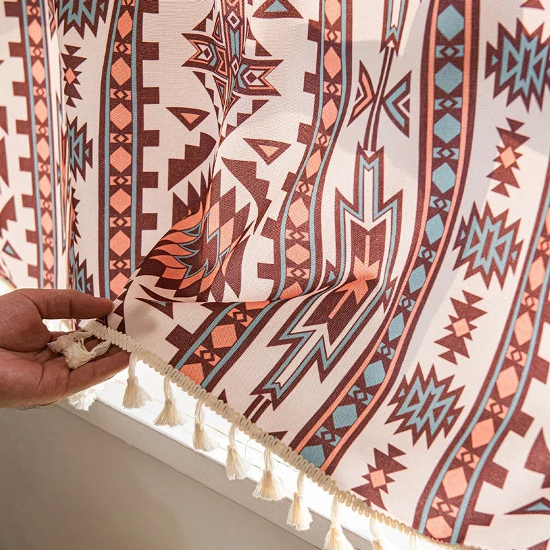 Boho Kitchen Curtain Bohemian Cafe Geometric Striped Small Window Drape Light Filtering Farmhouse Country Rustic for Bathroom RV