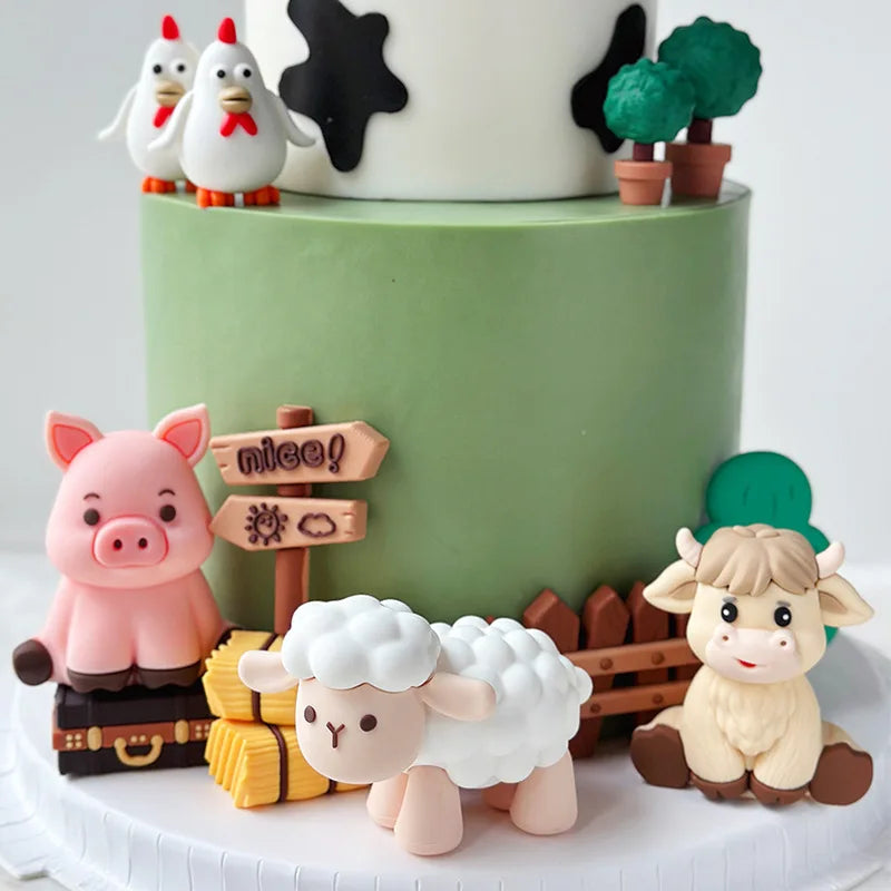 Farm Animals Cake Topper Farm Wooden House Yaks Ponies Sheep Piglets Chickens Cake Decorations Kids Birthday Party Supplies