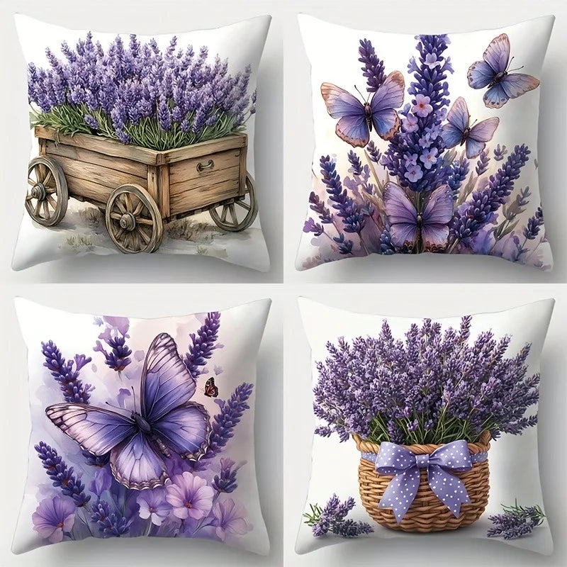 4pcs Pillowcases Natural Theme with Purple Lavender Pillowcase Suitable Home SofaThrow Pillow Cover 45x45cm Decor Accessories
