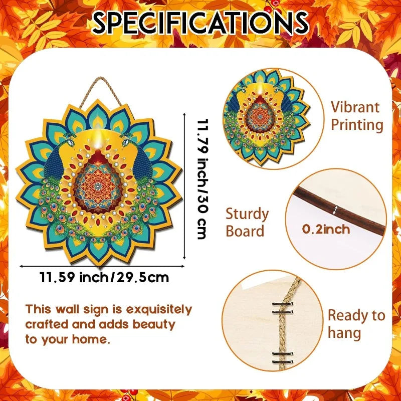 Diwali Decorations for Home – Festive Wooden Door Sign with Indian Motifs for Deepawali, Weddings of Lights Celebrations