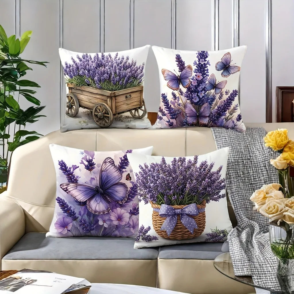 4pcs Pillowcases Natural Theme with Purple Lavender Pillowcase Suitable Home SofaThrow Pillow Cover 45x45cm Decor Accessories