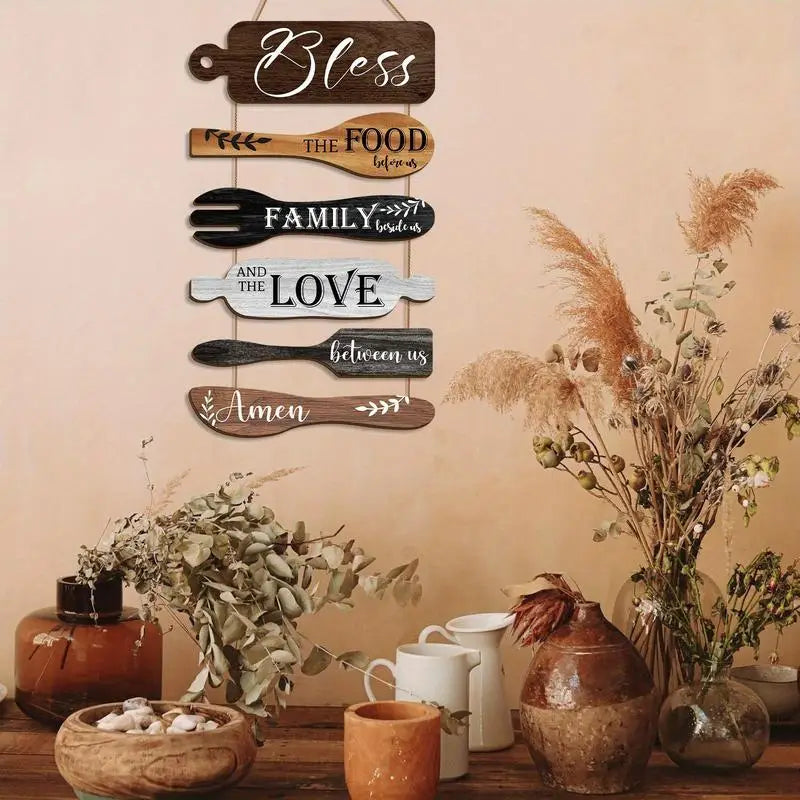 Wooden Kitchen Wall Decor, 1 Set Letter & Kitchen Utensils Pattern Wall Art with Rope, Wall Decor for Home Kitchen Dining Room