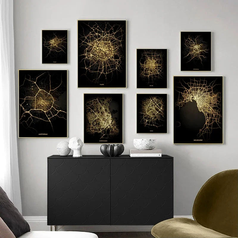 Classic Abstract Wall Art – Black and Gold World City Map HD Canvas Print Poster for Home, Living Room, and Bedroom Decor