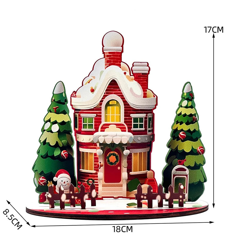Decorative Christmas Cartoon House, Wooden DIY Assembly; Child's Painted Ornament, New Year Gift