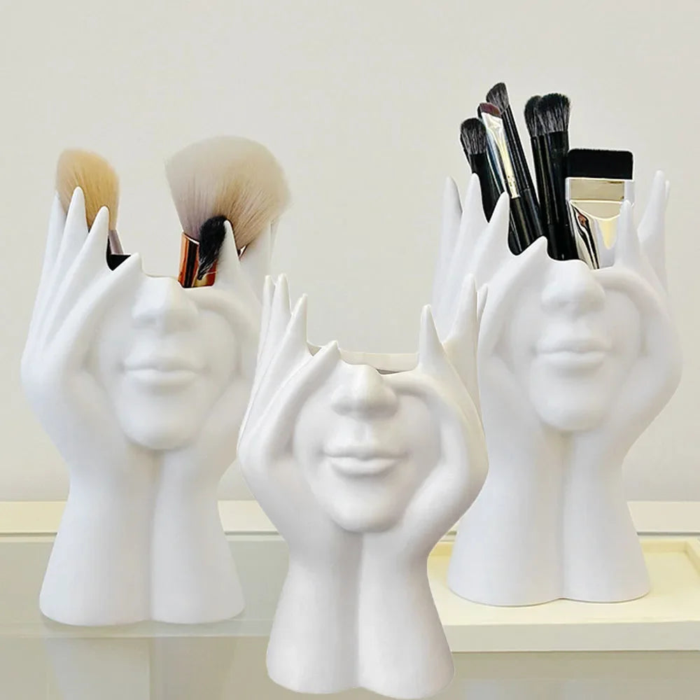 Decorative Face Makeup Brush Holder, White Tabletop Organizer, Modern Art Storage Container for Cosmetic Tools and Stationery