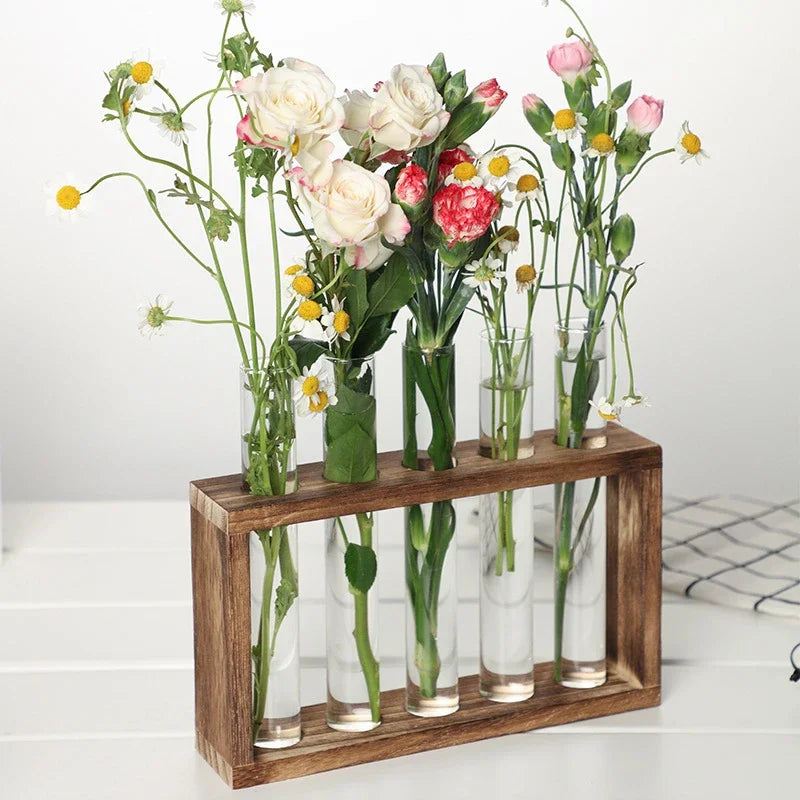 Plant Test Tube Hydroponic Vase Water-grown Flower Arrangement Plant Container Simple Wooden Frame Decors Creative Glass Vases