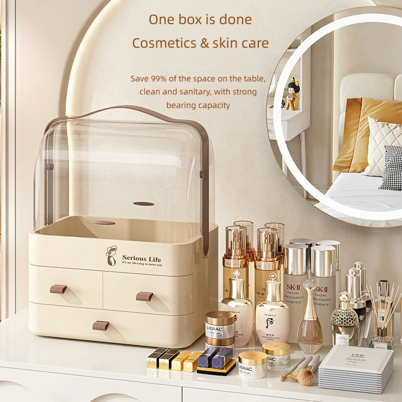 Cosmetics storage box, bedroom desktop storage, dust-proof organization, dressing table storage. I am a plastic multi-layer stor