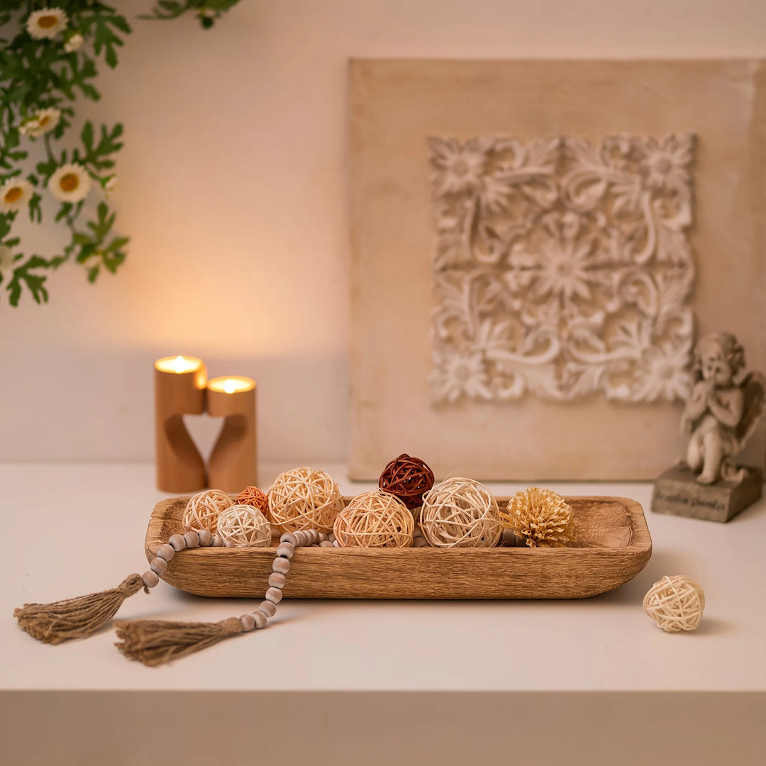 16-inch Decorative Bowl Wooden Tray Tabletop Decorations Wooden Bowls for Home Decor for Restaurant Kitchen Counter, Narrow Tray