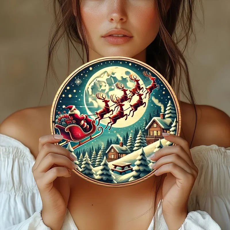 Farmhouse wooden Christmas signs, decorative murals, Santa Claus and carriages, and hanging signs in farmhouse style