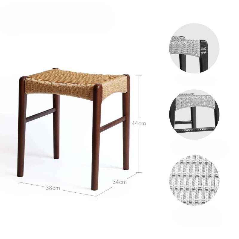 Vintage Woven Dressing Stool, Home Cherry Wood Sofa Side Table, Entryway Shoe Bench, Retro Solid Wood Square Stool