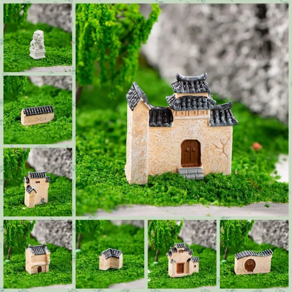 Decorative Mini Resin House Chinese Style Resin Bonsai Landscaping Retor Mini House Retro Building Home Desk