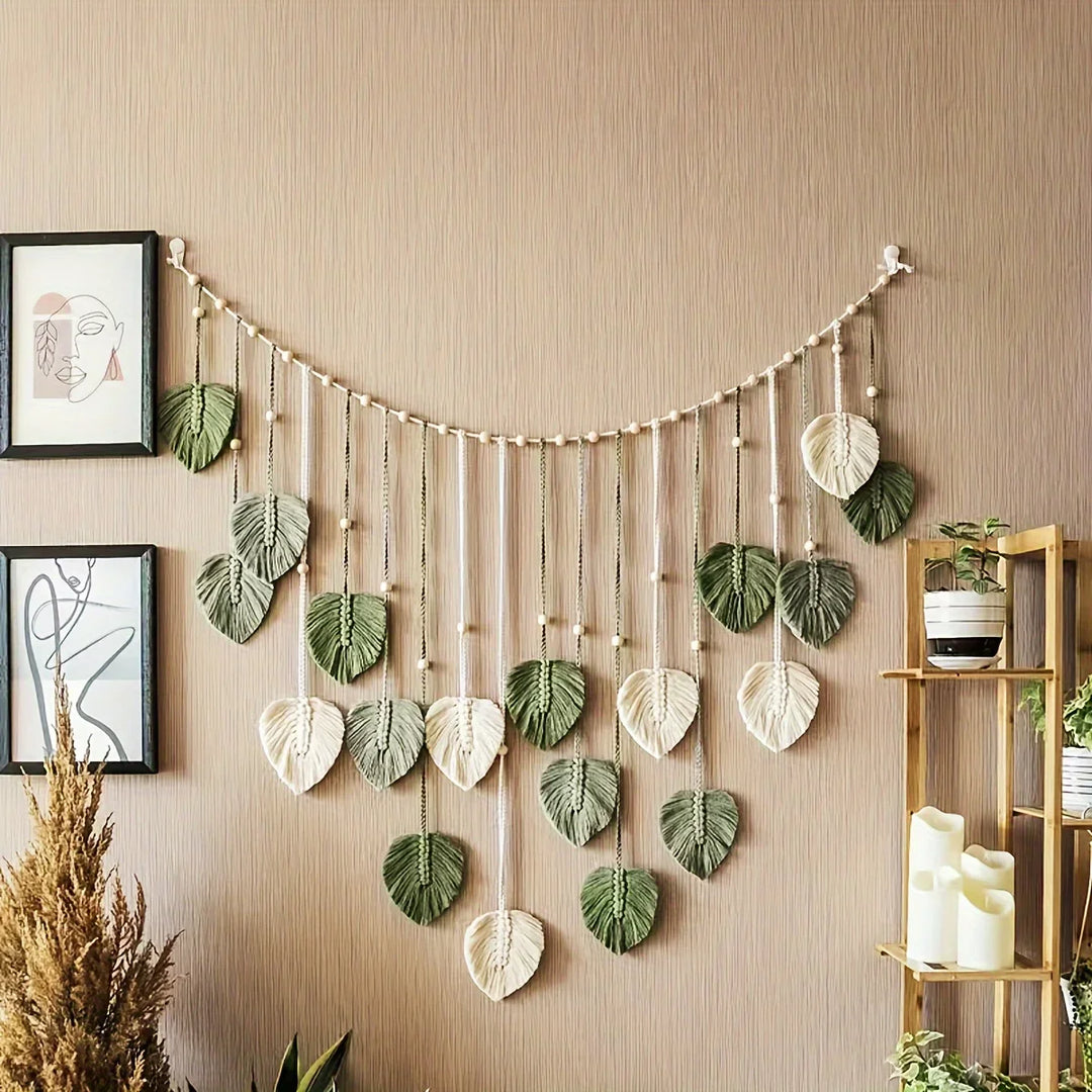 Modern Woven Wall Decor, Beautiful Room Decor, Green Leaves Hanging on The Walls, Bohemian Style, Feather, Ramadan Easter Gift