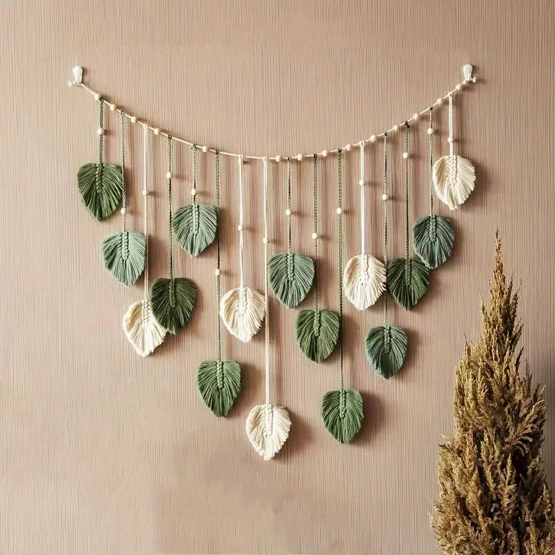 Modern Woven Wall Decor, Beautiful Room Decor, Green Leaves Hanging on The Walls, Bohemian Style, Feather, Ramadan Easter Gift