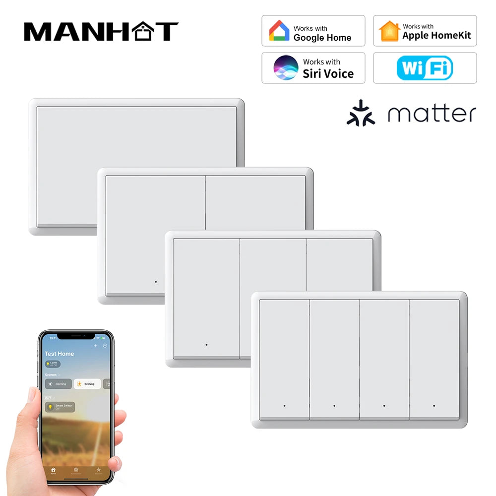 Manhot Matter WiFi Smart Wall Light Switch No Neutral& With Neutral US 1 2 3 4 Gang Physical Buttons Homekit Siri Voice Control