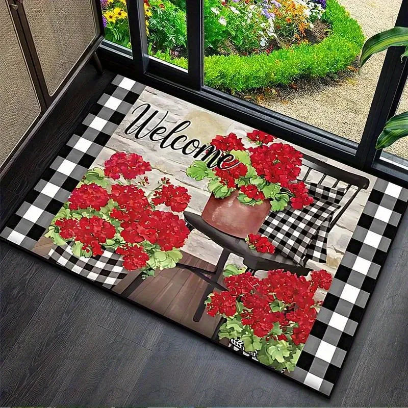 Farmhouse Welcome Floral Doormat Black White Plaid Design Mat Kitchen Entryway Balcony Living Room Rustic Home Decor Patio Mat