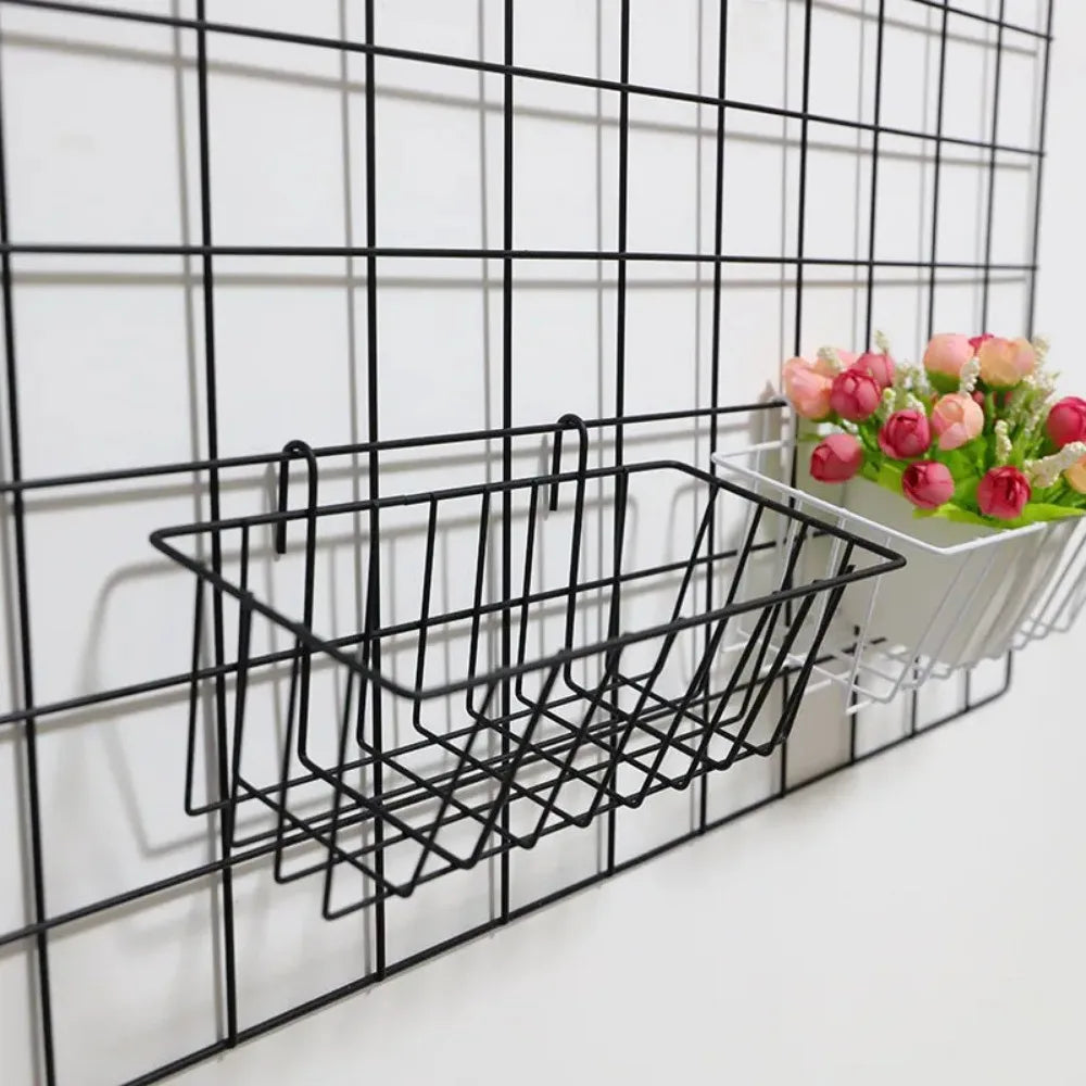 Metal Decorative Storage Basket DIY Iron Grid Flower Pot Hanging Shelf Wall Art Mounted Frame Mesh Display Rack Home Decoration