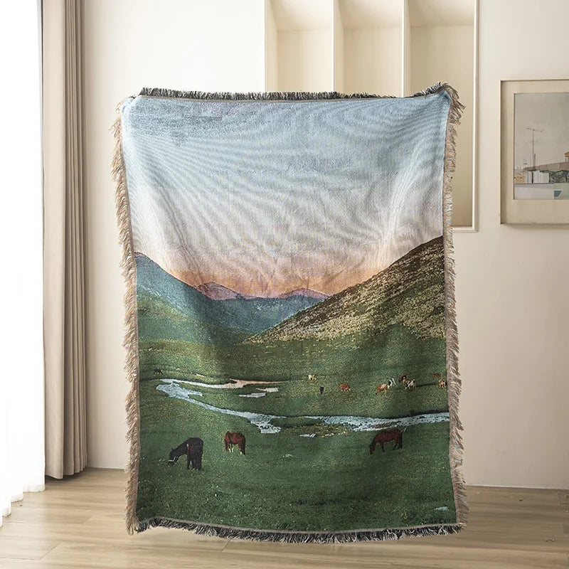 Textile City Pastoral Scene Woven Landscape Throw Fringed Edge Tapestry with Rustic Mountain Views Multi Use Scenic Cover