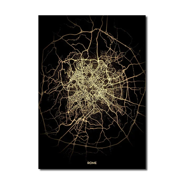 Classic Abstract Wall Art – Black and Gold World City Map HD Canvas Print Poster for Home, Living Room, and Bedroom Decor
