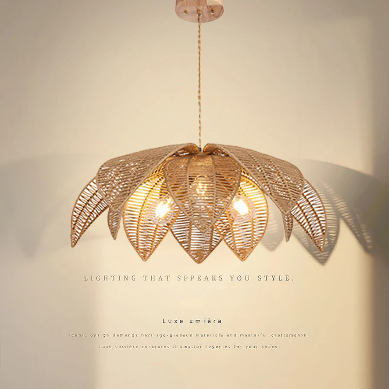 Bohemia Linen Pendant Light Retro Rattan Chandelier for Bedroom Living Dining Room Restaurant Rattan Hand-woven Pendant Lamp