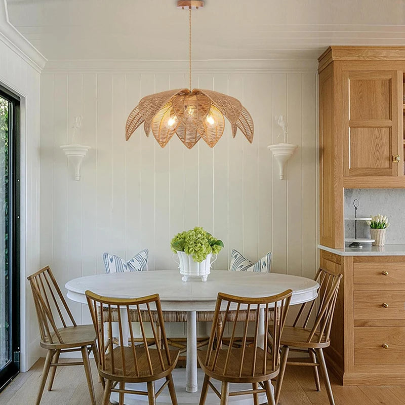 Bohemia Linen Pendant Light Retro Rattan Chandelier for Bedroom Living Dining Room Restaurant Rattan Hand-woven Pendant Lamp