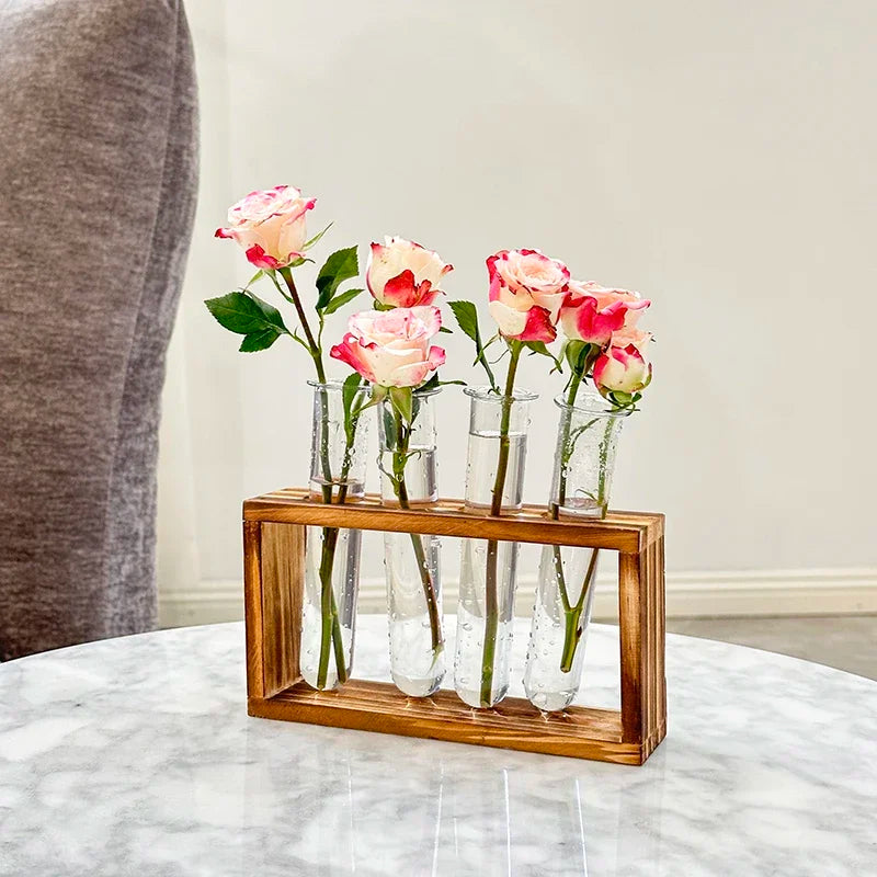 Plant Test Tube Hydroponic Vase Water-grown Flower Arrangement Plant Container Simple Wooden Frame Decors Creative Glass Vases