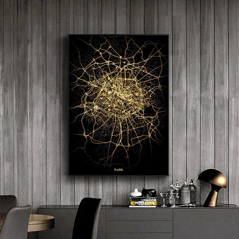 Classic Abstract Wall Art – Black and Gold World City Map HD Canvas Print Poster for Home, Living Room, and Bedroom Decor