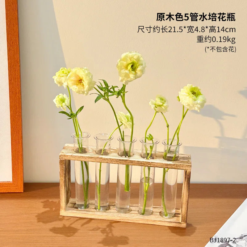 Plant Test Tube Hydroponic Vase Water-grown Flower Arrangement Plant Container Simple Wooden Frame Decors Creative Glass Vases
