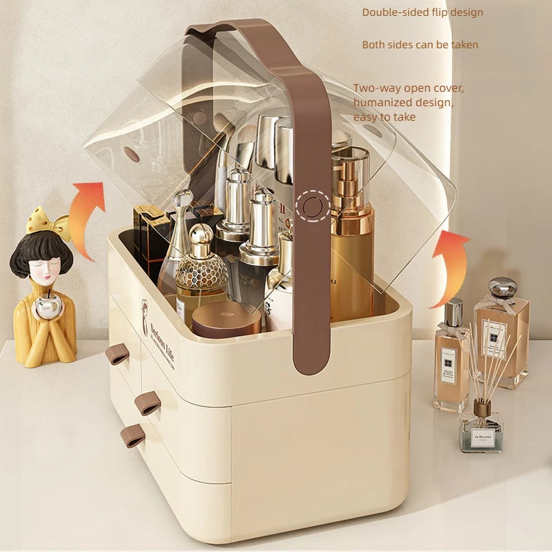 Cosmetics storage box, bedroom desktop storage, dust-proof organization, dressing table storage. I am a plastic multi-layer stor