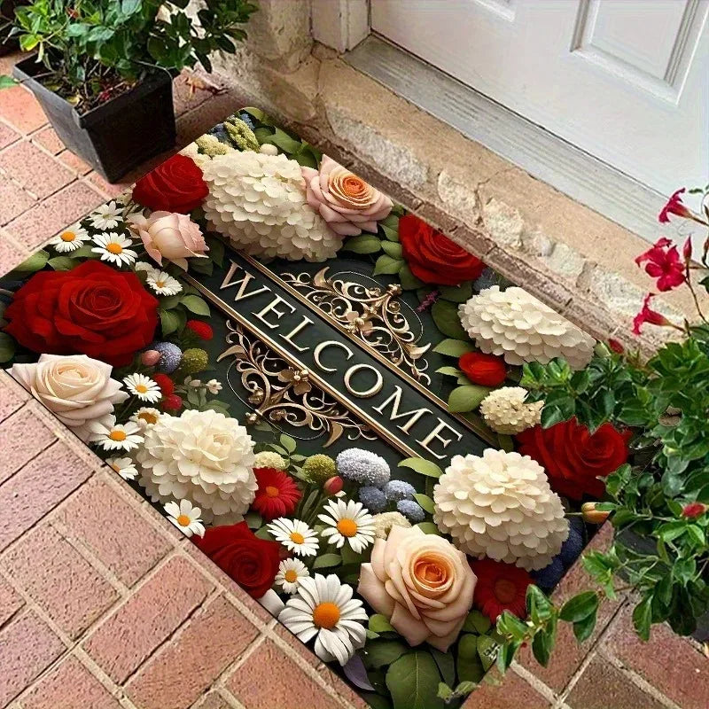 Farmhouse Welcome Floral Doormat Black White Plaid Design Mat Kitchen Entryway Balcony Living Room Rustic Home Decor Patio Mat