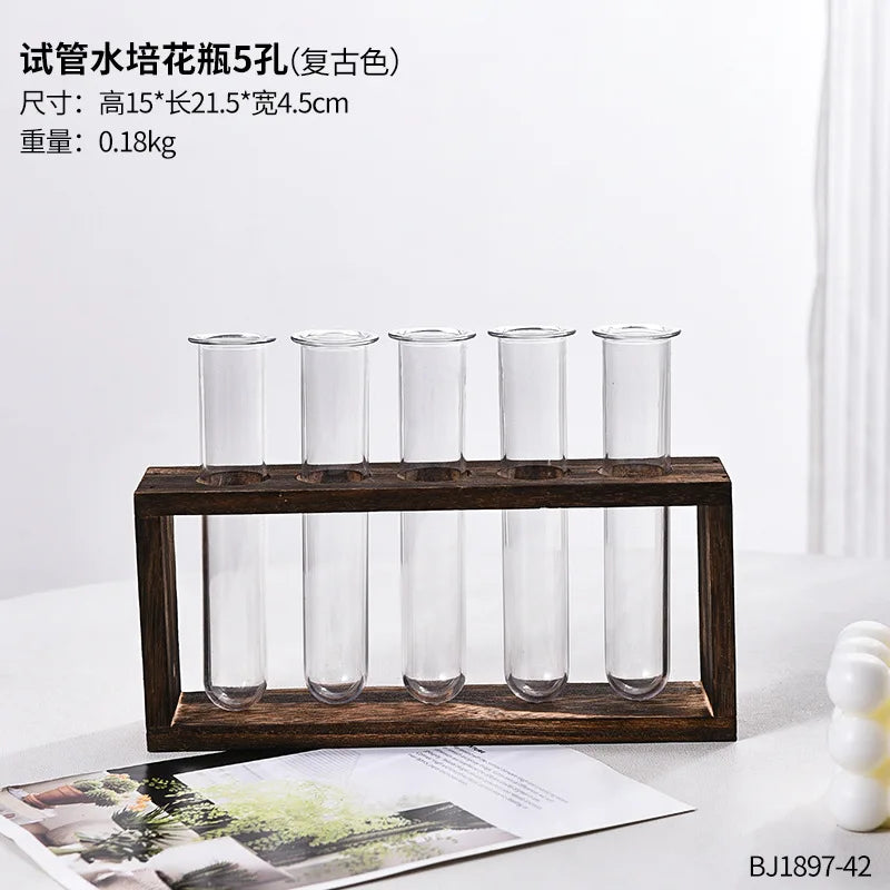Plant Test Tube Hydroponic Vase Water-grown Flower Arrangement Plant Container Simple Wooden Frame Decors Creative Glass Vases