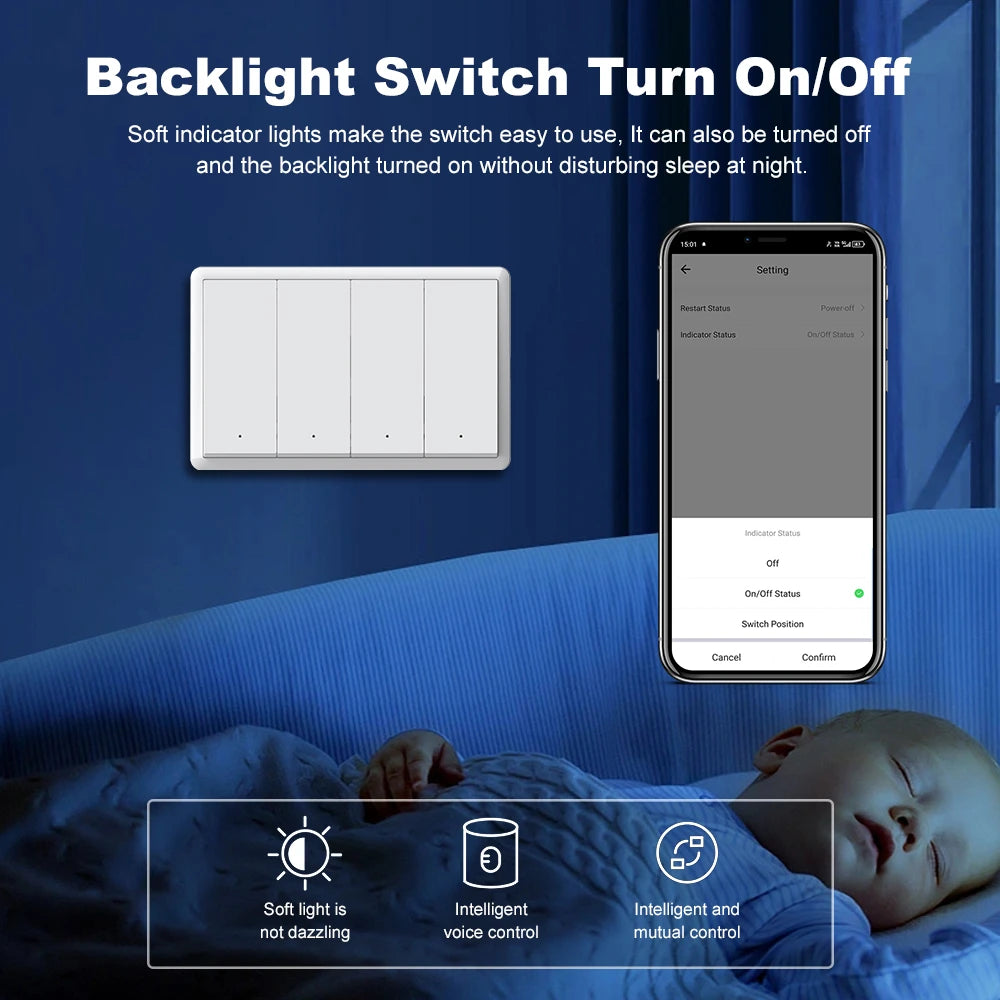 Manhot Matter WiFi Smart Wall Light Switch No Neutral& With Neutral US 1 2 3 4 Gang Physical Buttons Homekit Siri Voice Control