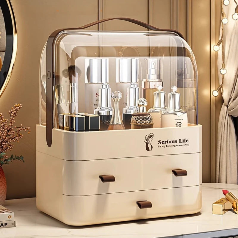 Cosmetics storage box, bedroom desktop storage, dust-proof organization, dressing table storage. I am a plastic multi-layer stor