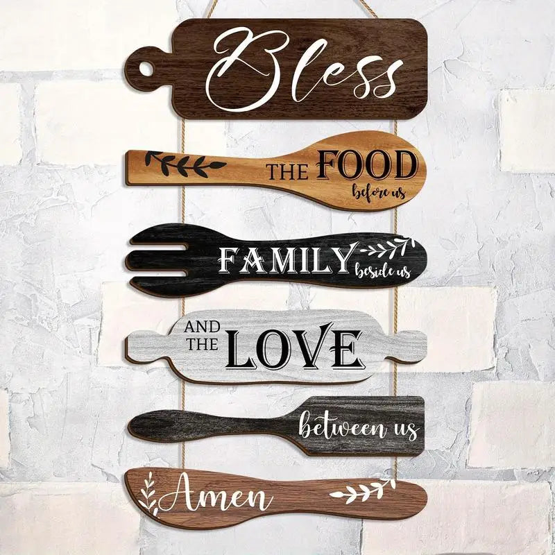 Wooden Kitchen Wall Decor, 1 Set Letter & Kitchen Utensils Pattern Wall Art with Rope, Wall Decor for Home Kitchen Dining Room