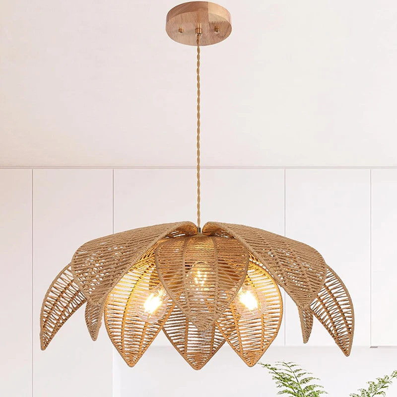 Bohemia Linen Pendant Light Retro Rattan Chandelier for Bedroom Living Dining Room Restaurant Rattan Hand-woven Pendant Lamp