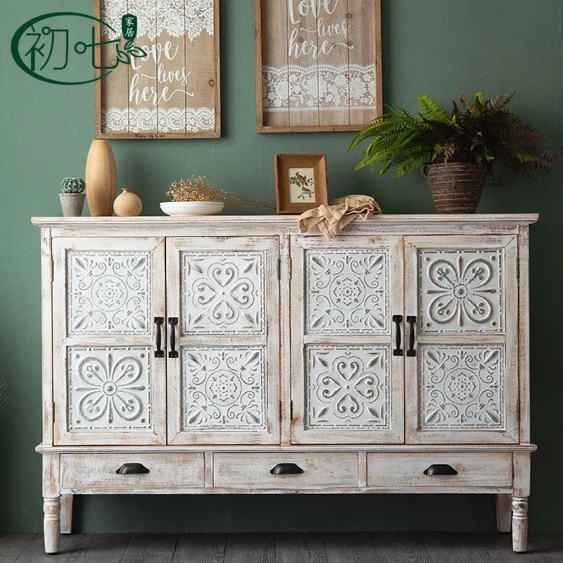 Solid Wood Living Room Cabinet Sideboards American Retro Foyer Cabinet Old Carved Antique Storage Cabinets Living Room Furniture