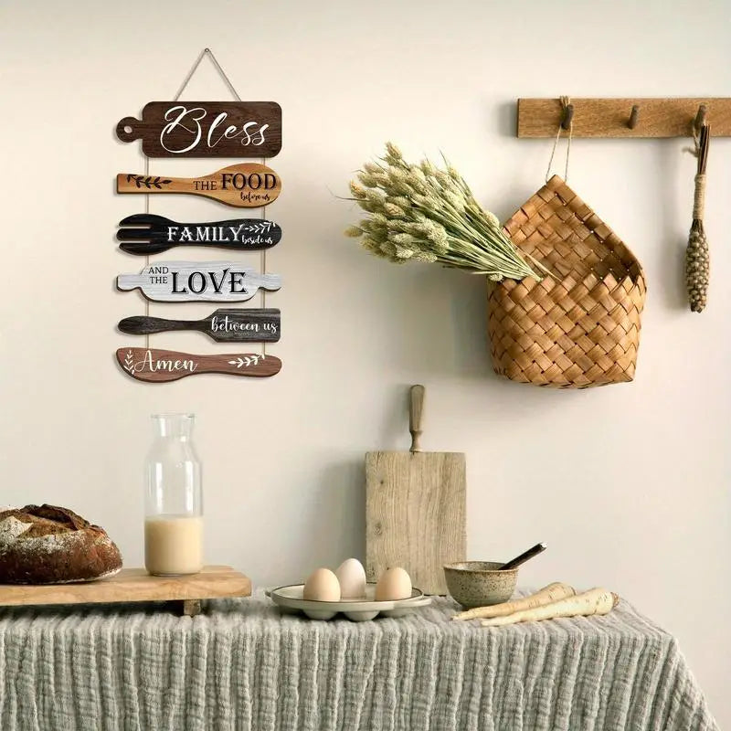 Wooden Kitchen Wall Decor, 1 Set Letter & Kitchen Utensils Pattern Wall Art with Rope, Wall Decor for Home Kitchen Dining Room